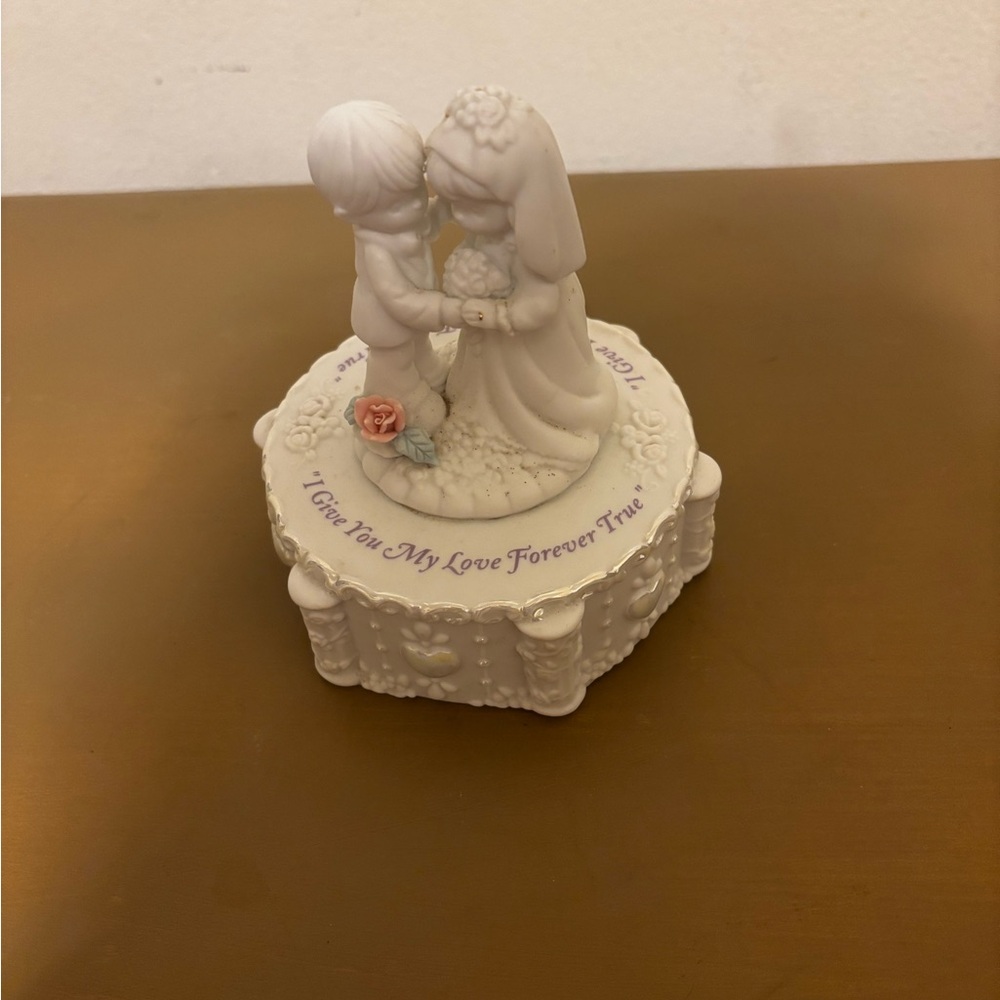 Precious Moments White Wedding Cake Topper with Pink Rose Accent